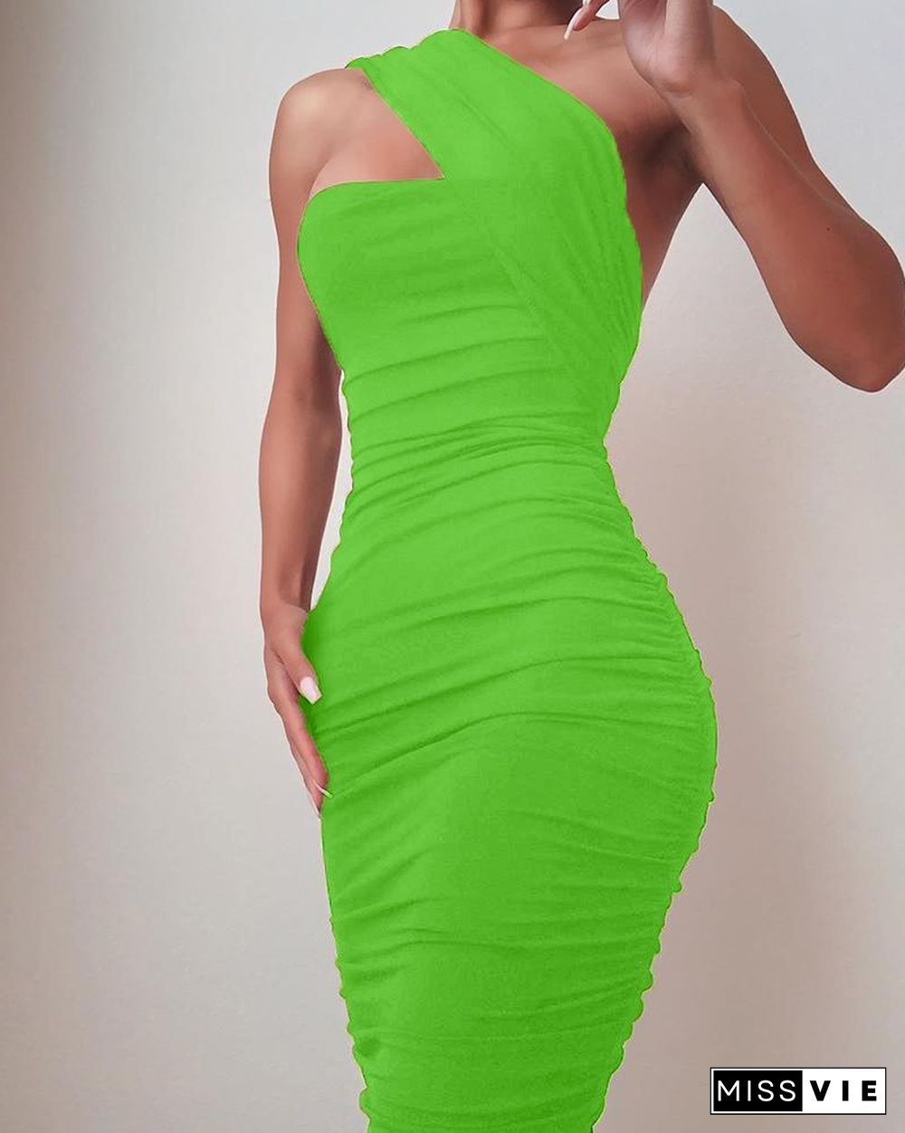 One Shoulder Sleeveless Ruched Bodycon Dress P13767