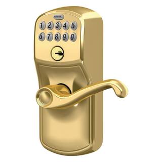 Schlage Plymouth Bright Brass Electronic Keypad Door Lock with Flair Handle and Flex Lock FE595 V PLY 505 FLA 605