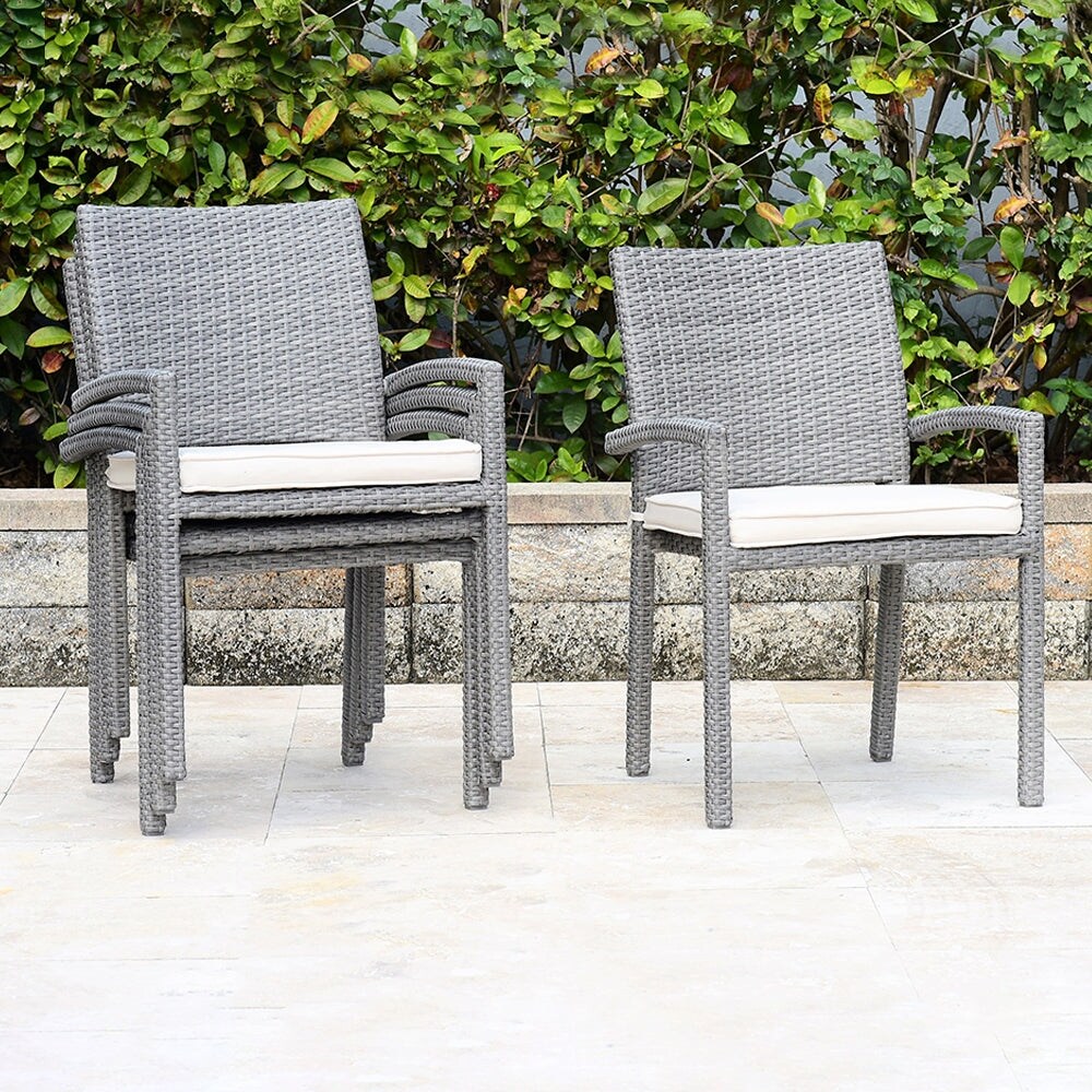 Barry 5 Piece Outdoor Dining Set Teak Wicker Round Patio Furniture with Off White Cushions
