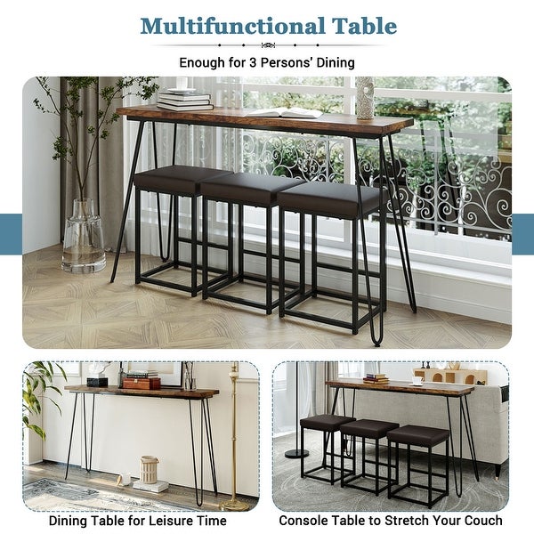 Modern 4 Pieces Counter Height Extra Long Dining Table Set with 3 PU Bar Stools， Rustic Brown Table and Black Stool