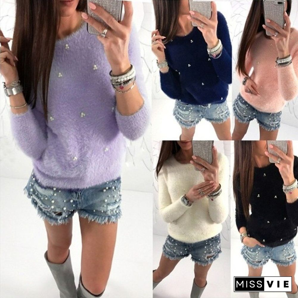 Multicolor Fashion Sweaters Women Solid Color Plush Beaded Long Sleeve Pullover Jumper Long Sleeve Top