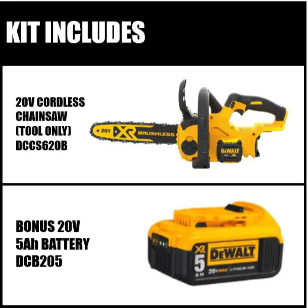 DEWALT DCCS620BWB205 20V MAX 12in. Brushless Cordless Battery Powered Chainsaw Kit with (1) 5Ah Battery and Charger