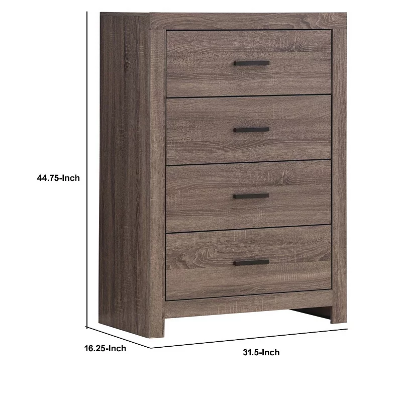 4 Drawer Chest with Metal Bar Pulls， Brown