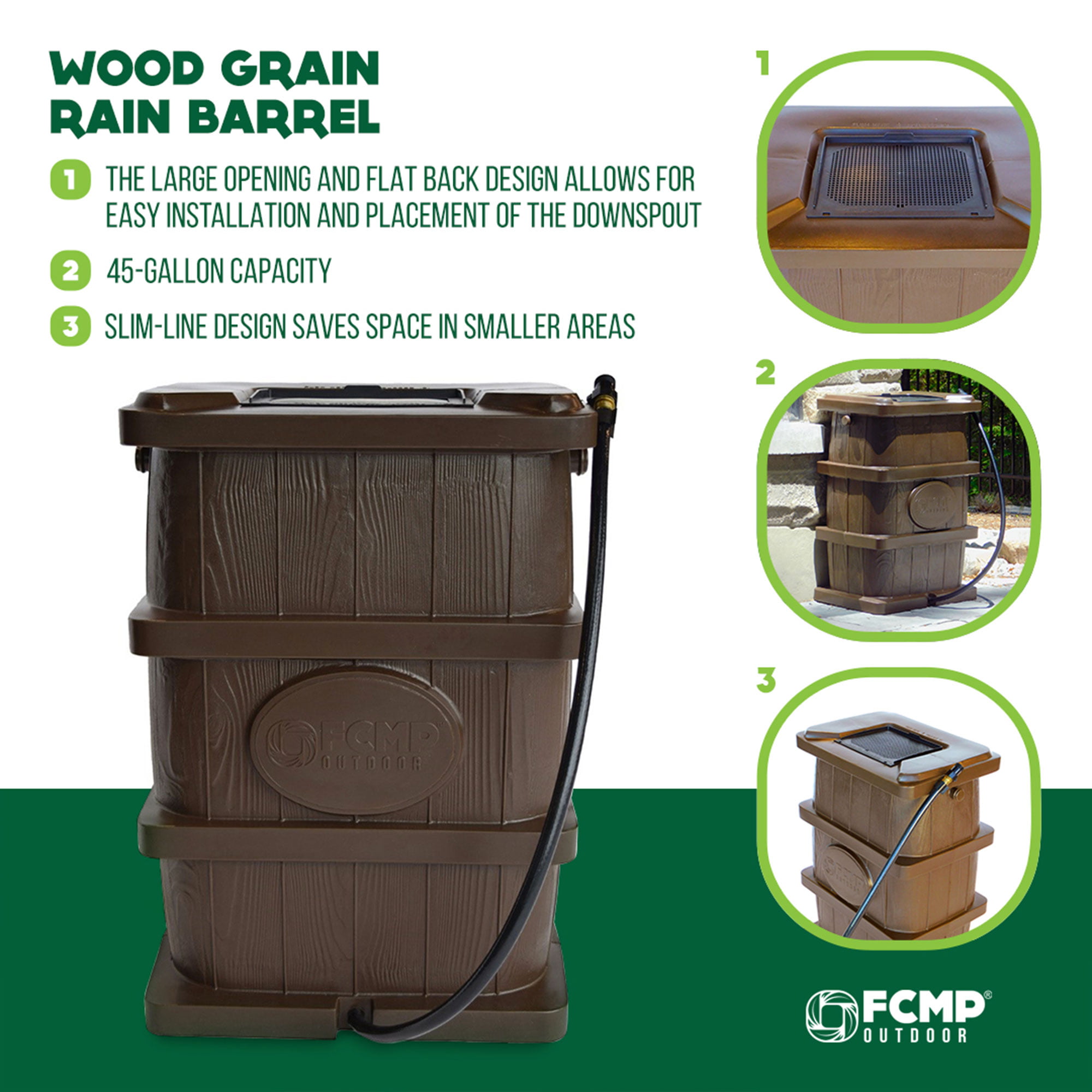 FCMP Outdoor WG4000 45 Gallon Wood Grain Rain Water Catcher Barrel， Brown