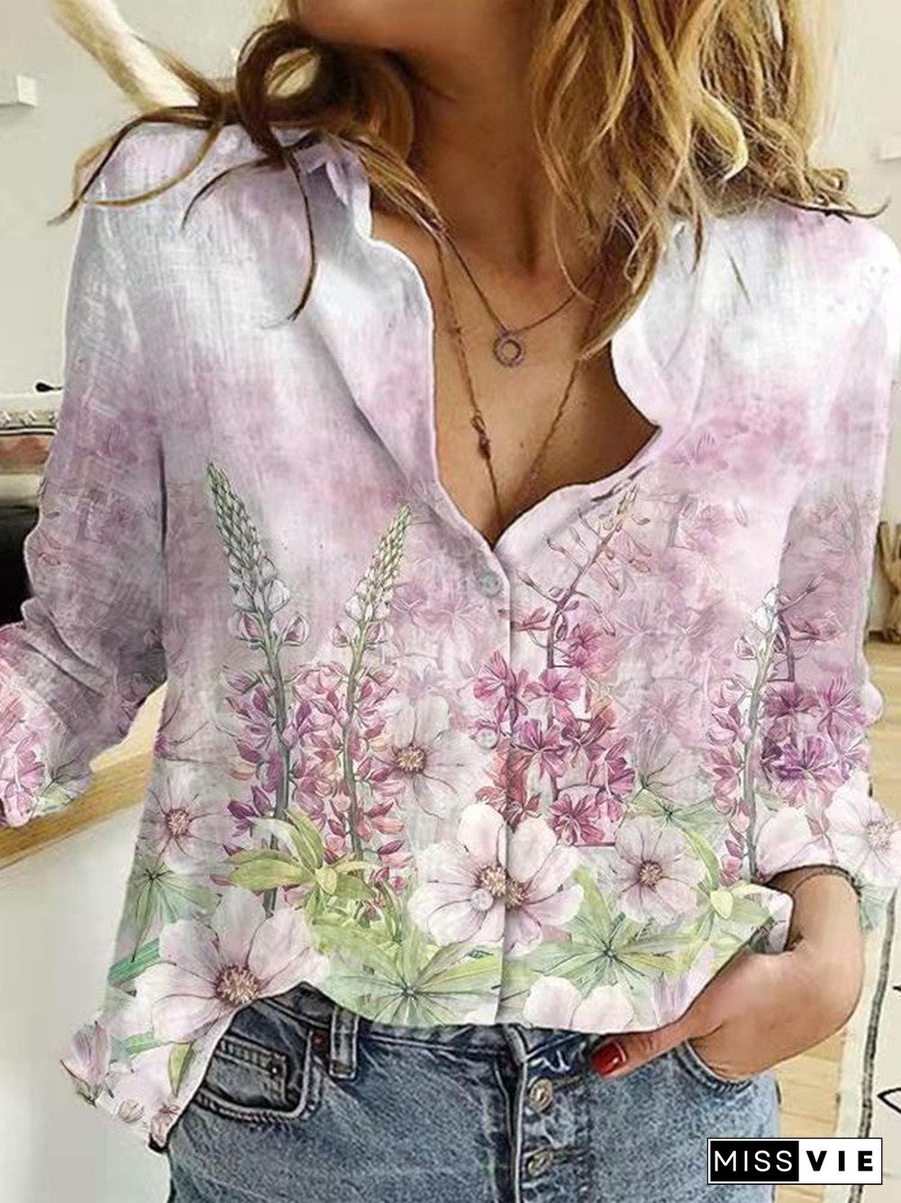 Women's Long Sleeve V-neck Button Down Floral Printed Blouse