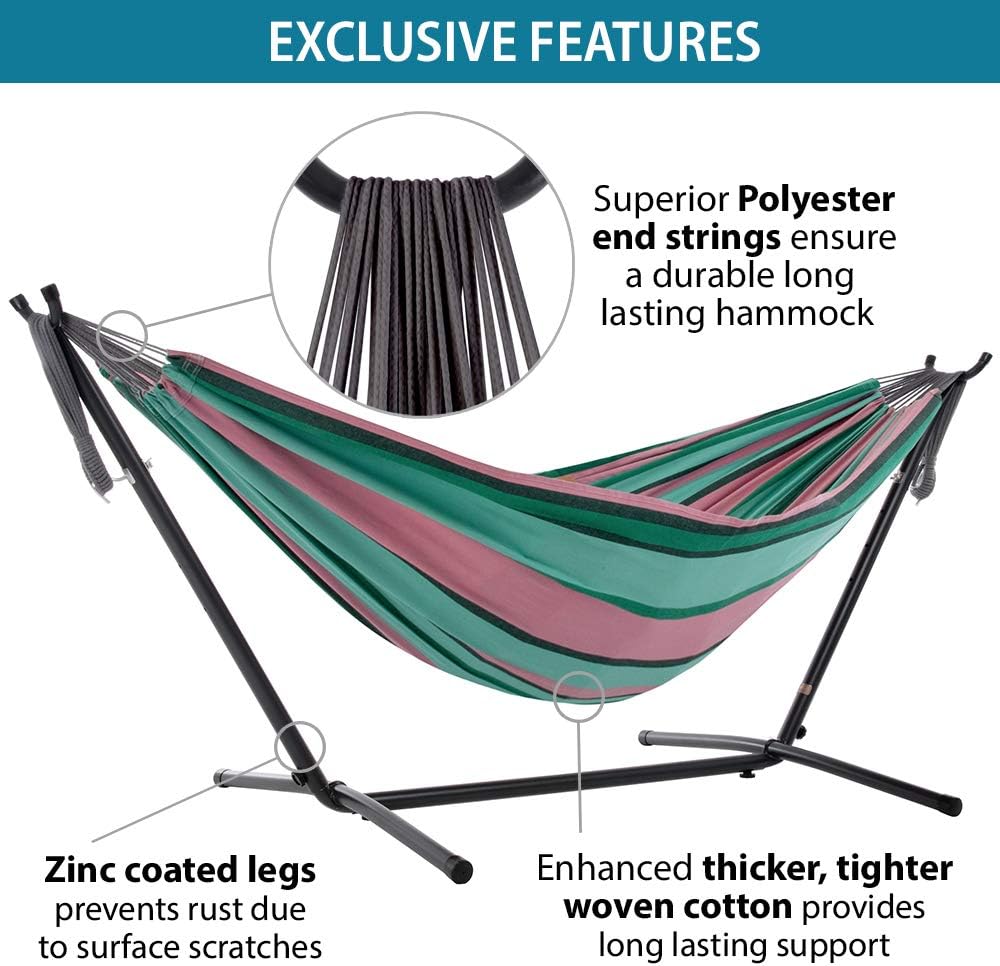 Double Cotton Hammock with Space Saving Steel Stand, Tropical (450 lb Capacity - Premium Carry Bag Included)