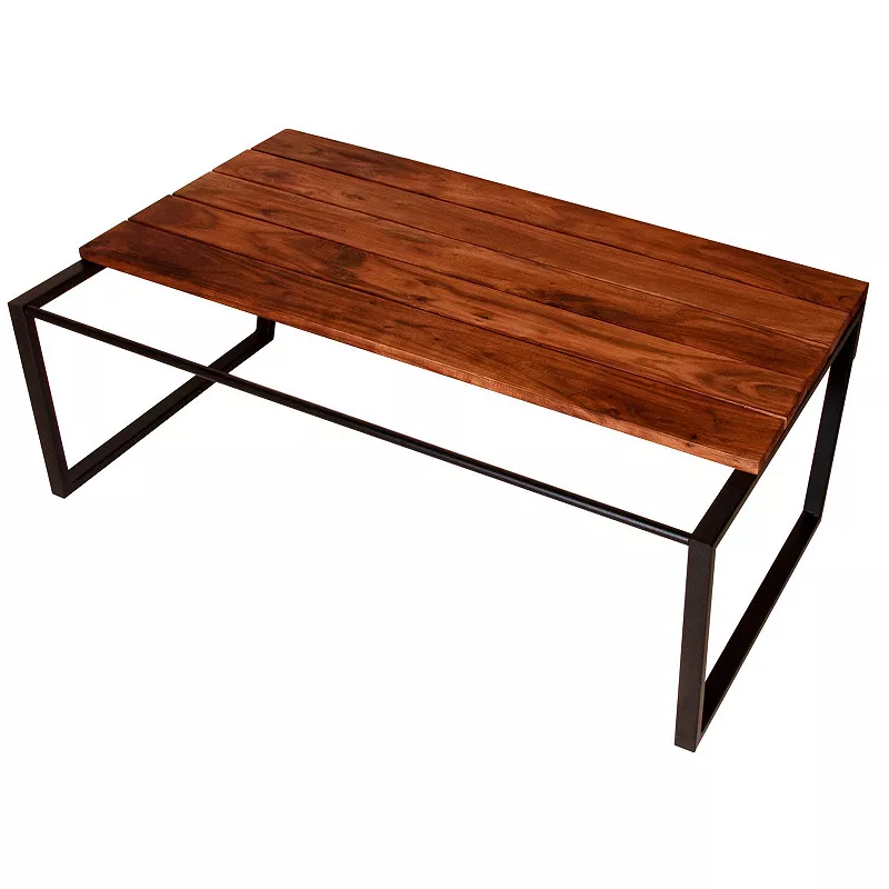 41.7 Inch Rectangular Coffee Table with Plank Style Top， Metal Frame， Brown and Black