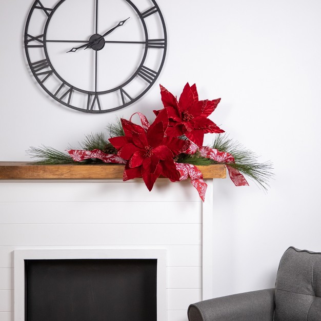 Red Glittered Poinsettia Christmas Stem Spray