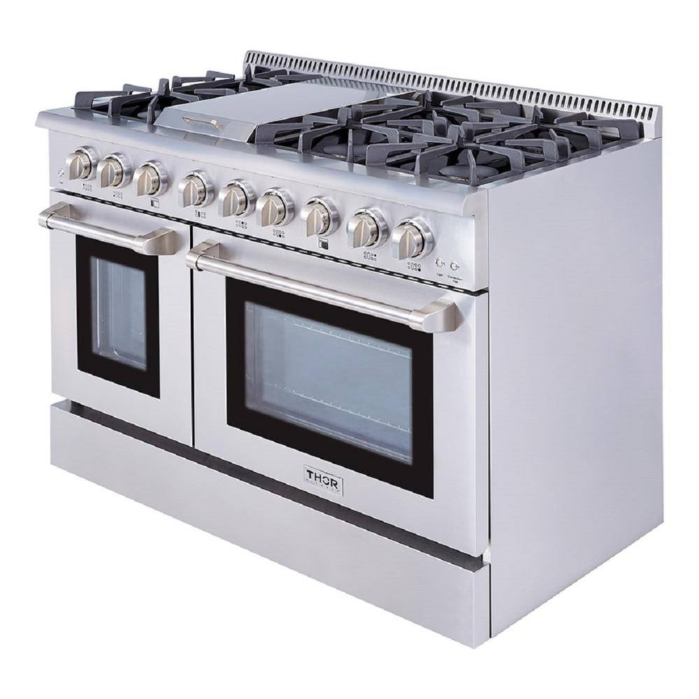 Thor Kitchen Pre-Converted Propane 48 in. 6.7 cu. ft. Double Oven Gas Fuel Range with Convection Oven in Stainless Steel HRG4808ULP