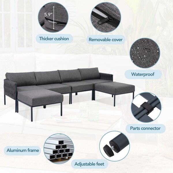 Gray 6piece Outdoor Conversation Sofa Set with Waterproof Thick Cushions，and Elegant Rope Weave Detailing，Free Combination