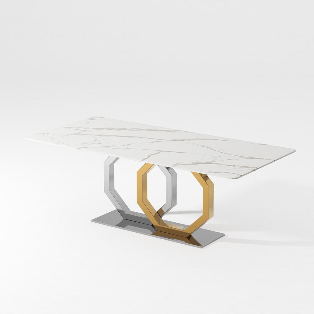 Jenpeg Modern White Marble Dining Table with Rectangular Tabletop  Golden Hexagonal Legged legs  Dining Room Table for 6  63\