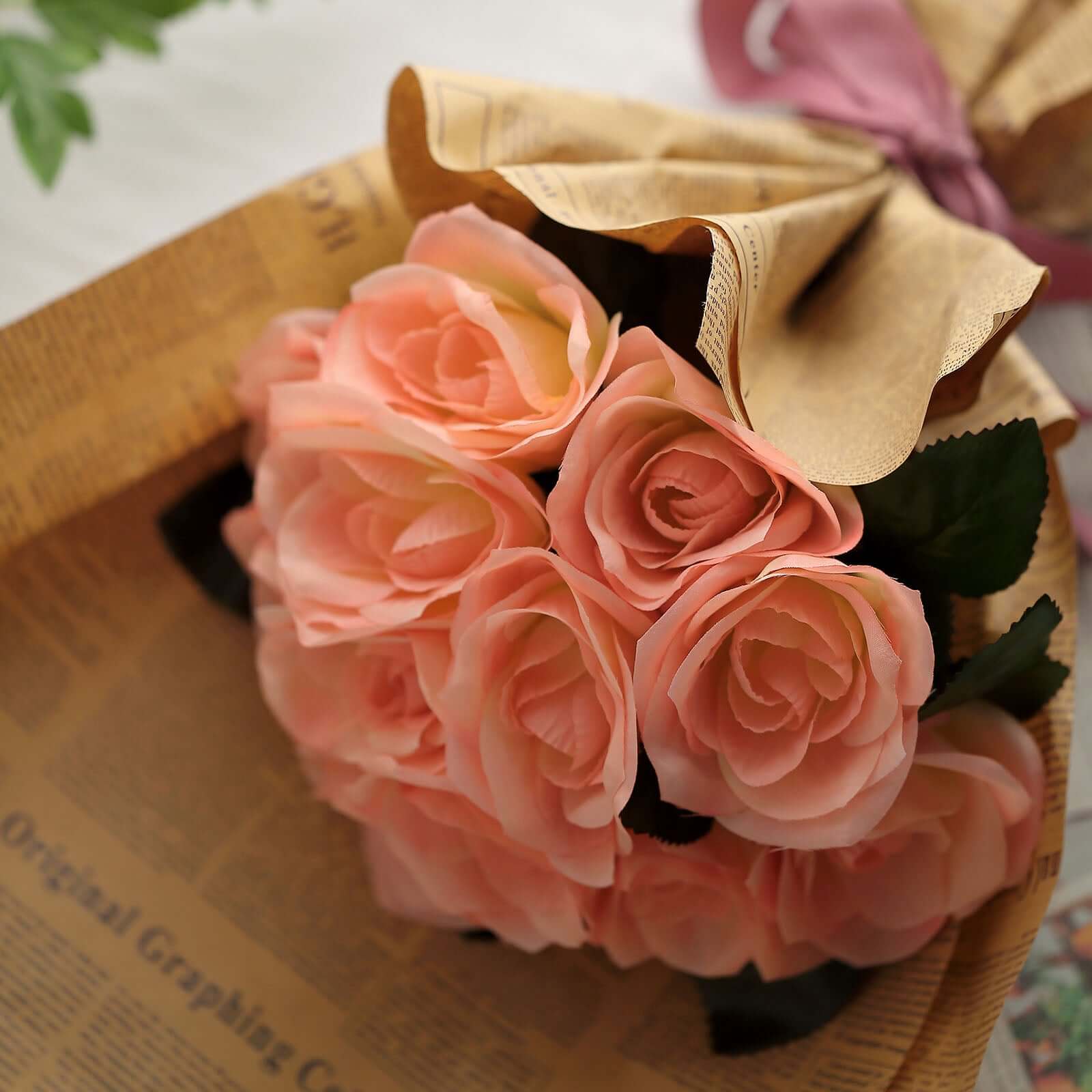 Peach Artificial Velvet-Like Fabric Rose Flower Bouquet Bush 12