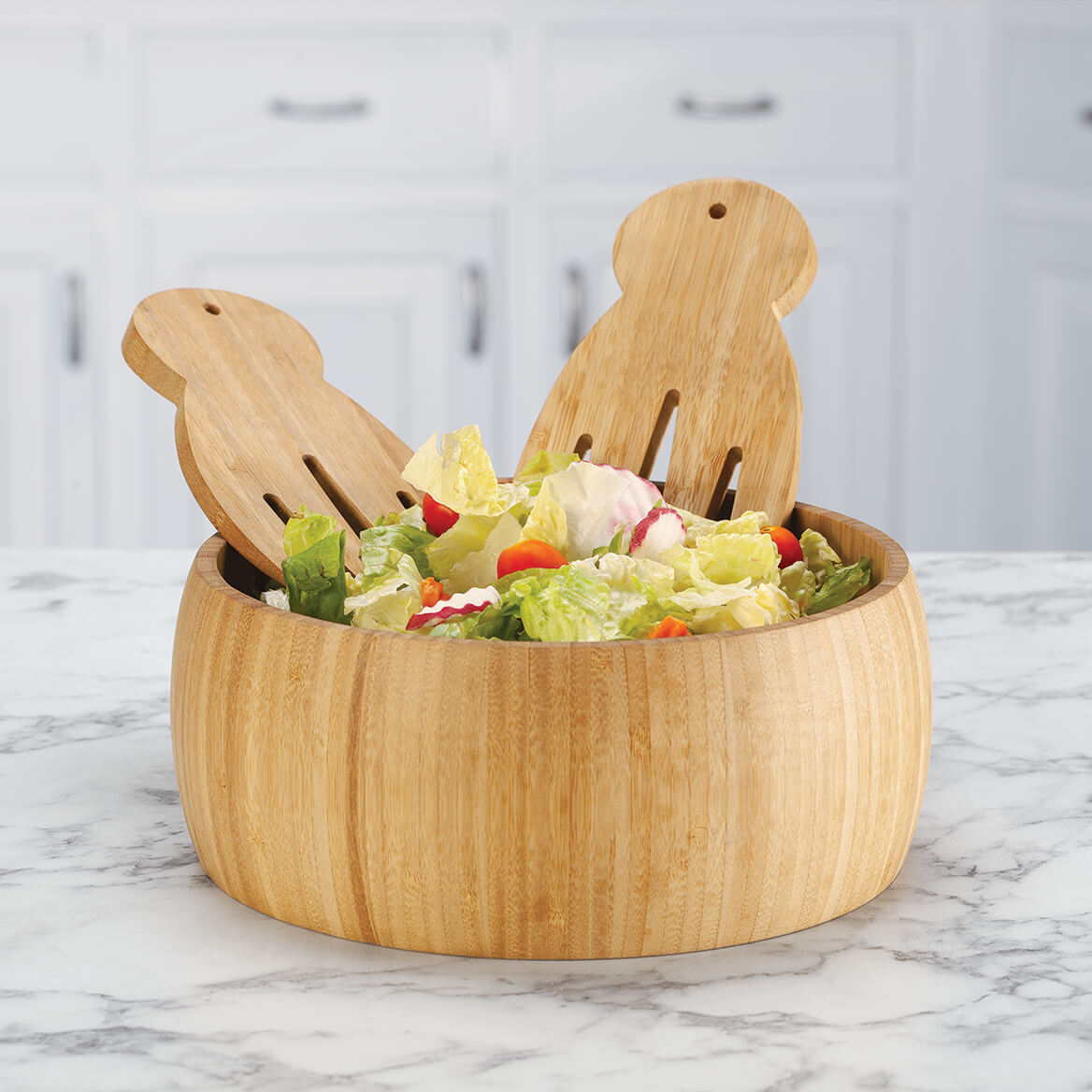 Bamboo 10 inch Salad Bowl and Salad Hands， Made of Durable 100% Bamboo， Bowl Measures 4