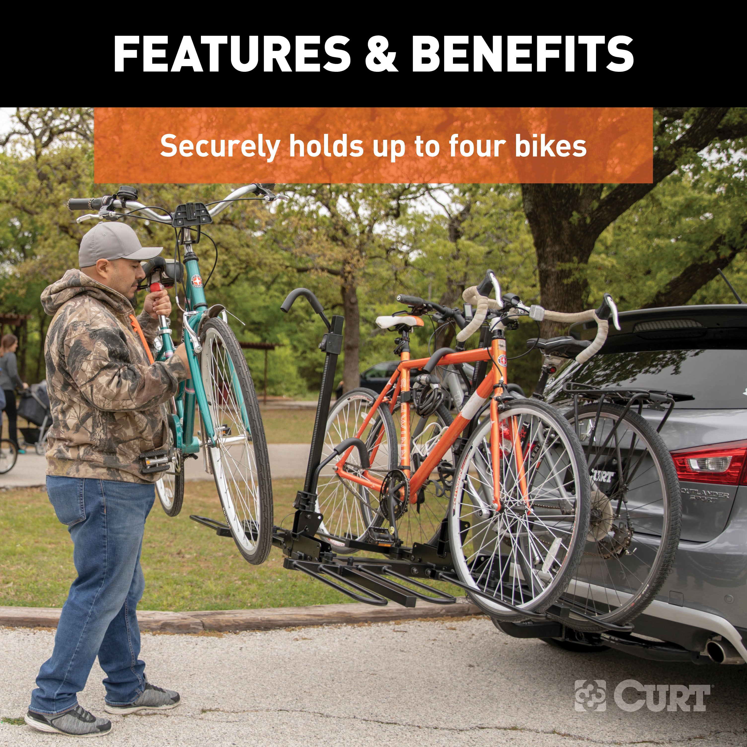 CURT 18087 Secure Locking Tray-Style Trailer Hitch Bike Rack Mount， Fits 2-Inch Receiver， 4 Bicycles