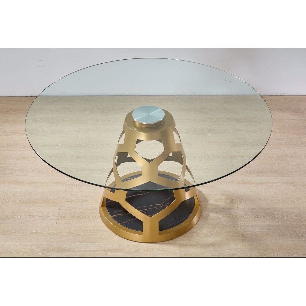 Round Clear Glass Dining Table with Metal Base