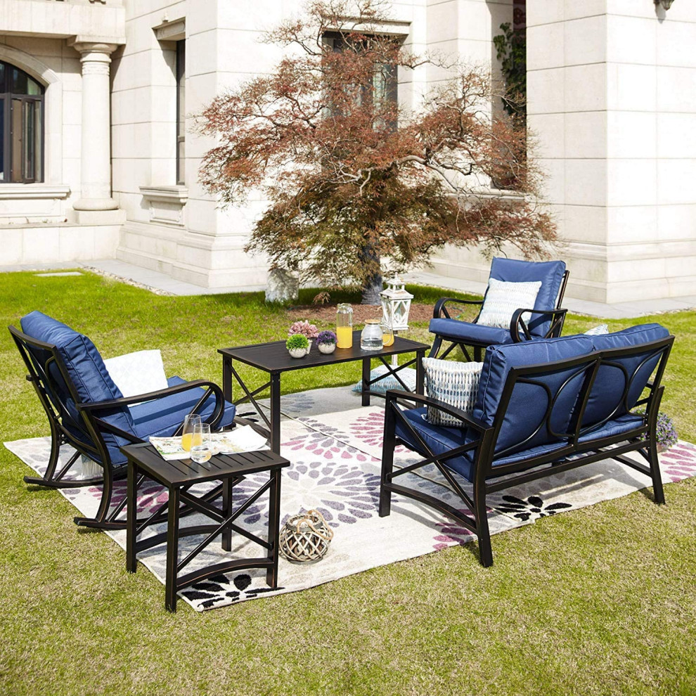 5 Pieces Patio Set  Rocking Chairs  ampLoveseat With Padded Seat and Back   Transitional   Side Tables And End Tables   by Declusia  Houzz