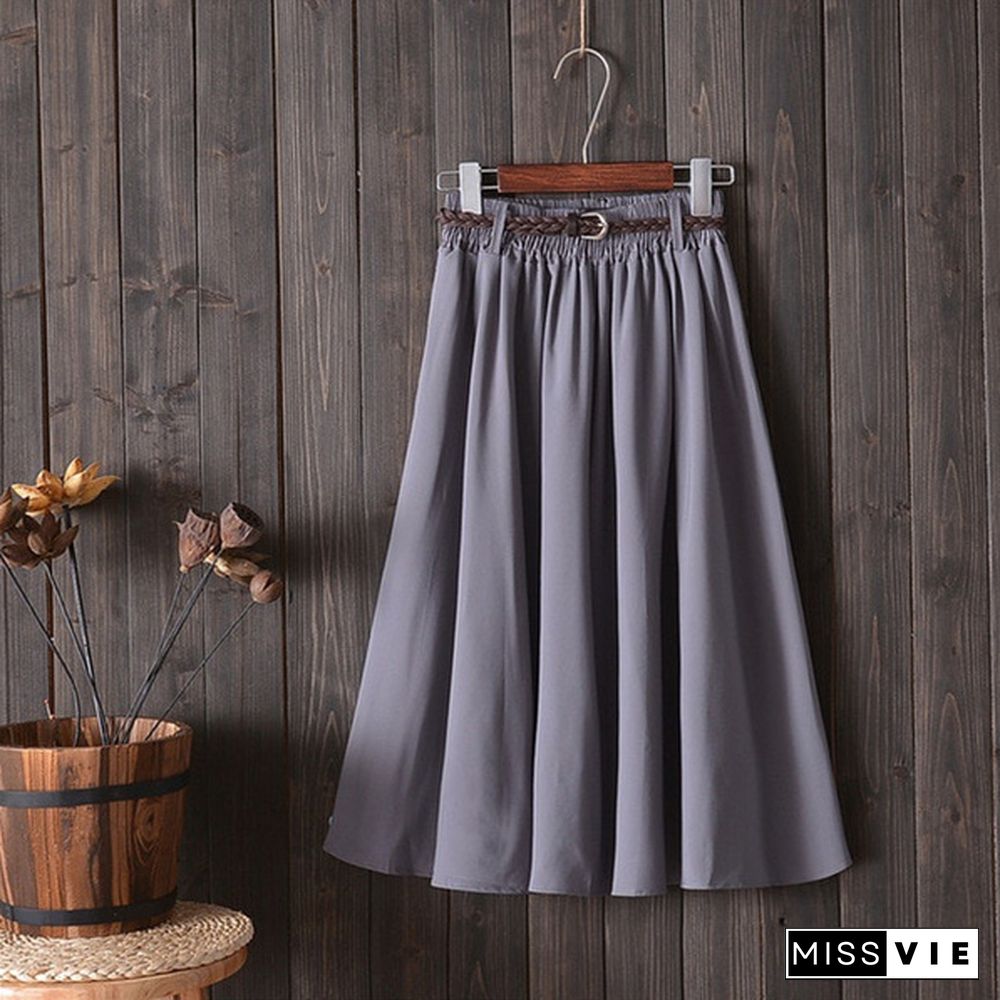 Midi Knee Length Summer Skirt Women With Belt Ladies High Waist Pleated A-Line School Skirt Female