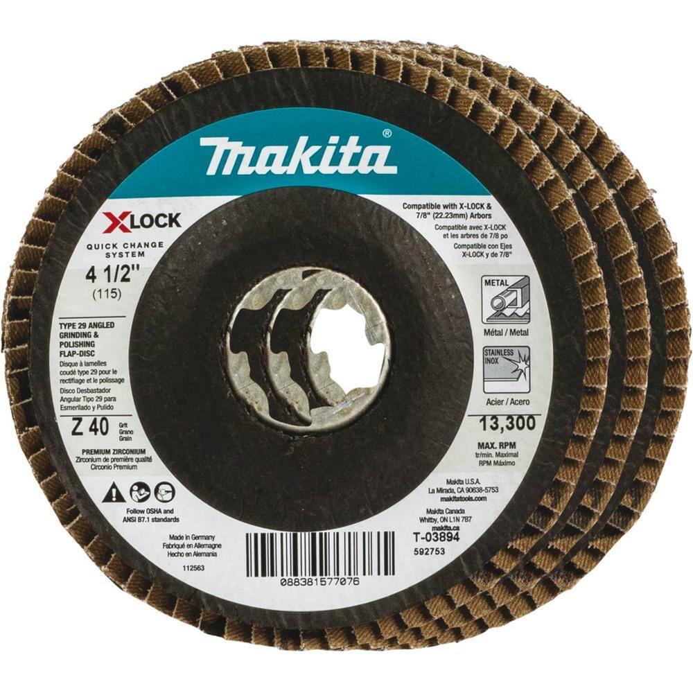 Makita X-LOCK 4‑12 in. 40 Grit Type 29 Angled Grinding and Polishing Flap Disc X-LOCK and All 78 in. Arbor Grinders (3-Pack) T-03894-3