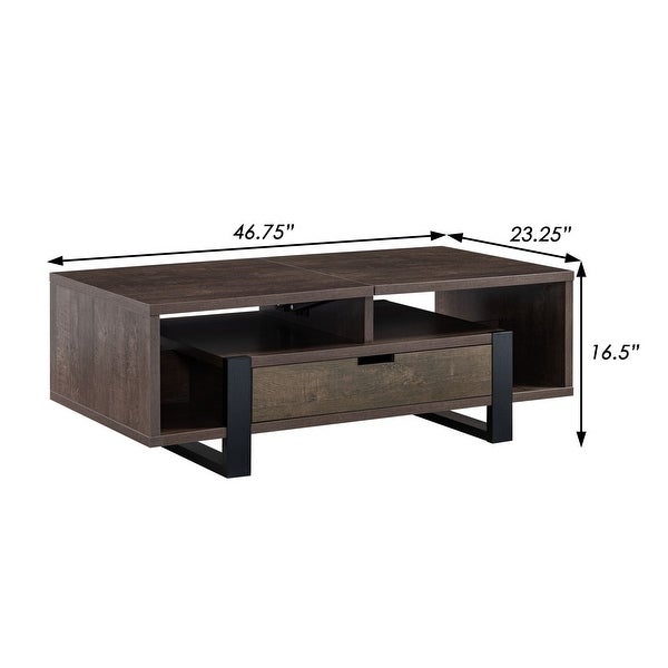 47 Inch Modern Coffee Table， 1 Drawer， 4 Shelves， Half Lift Top， Brown