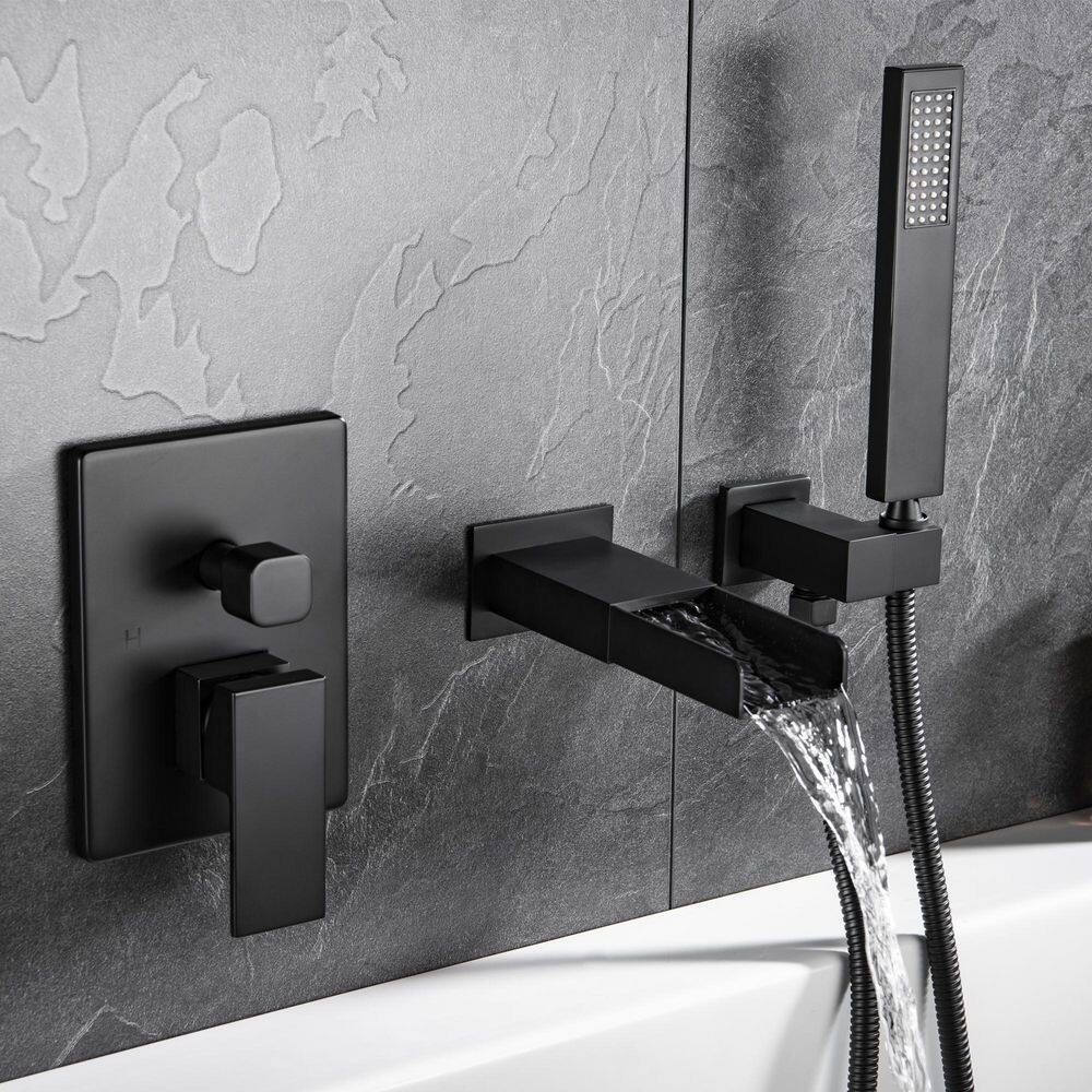 WELLFOR Single-Handle Wall Mount Roman Tub Faucet with Hand Shower in Matte Black (Valve Included) CR-P-WM-2W01MB