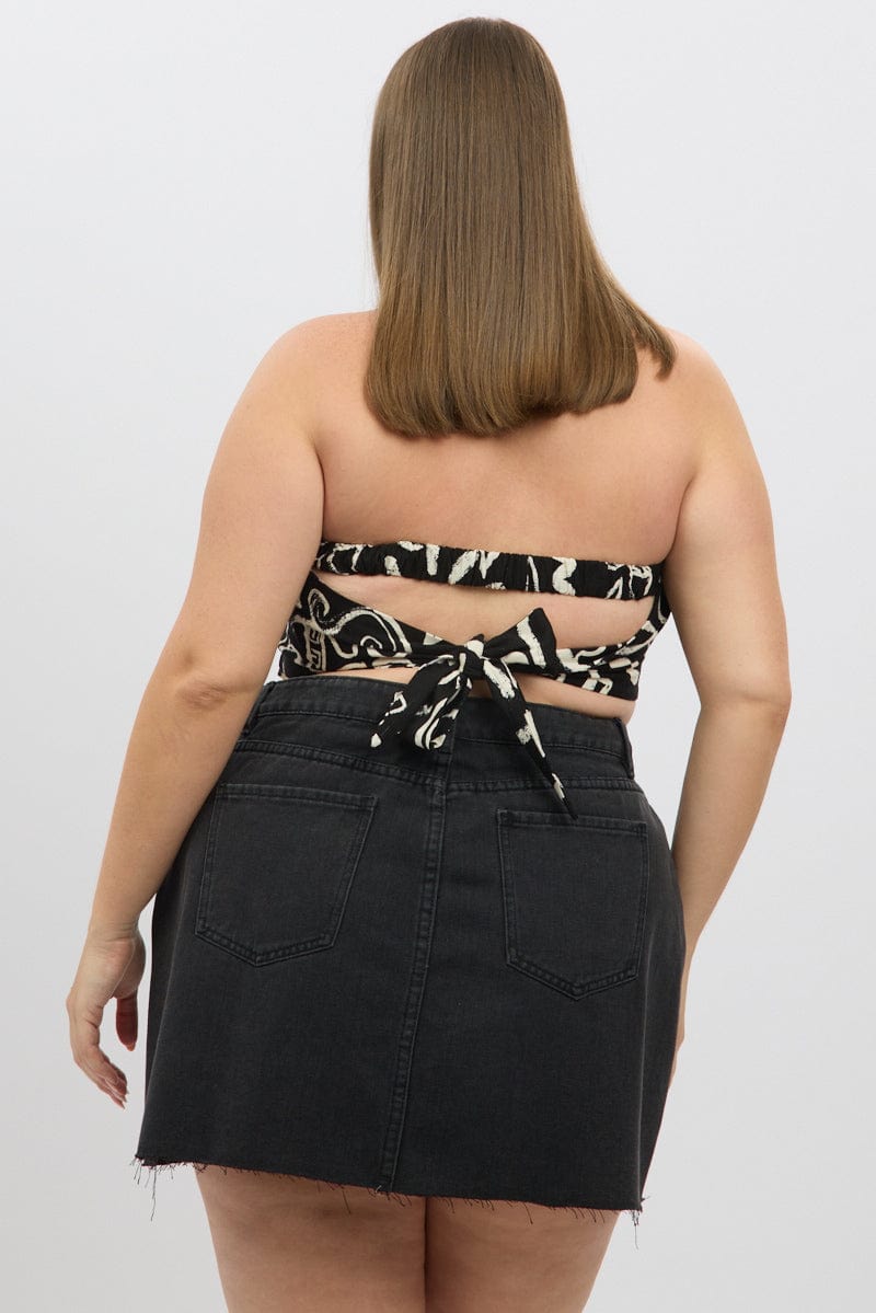 Black Abstract Scarf Top Strapless Linen Blend