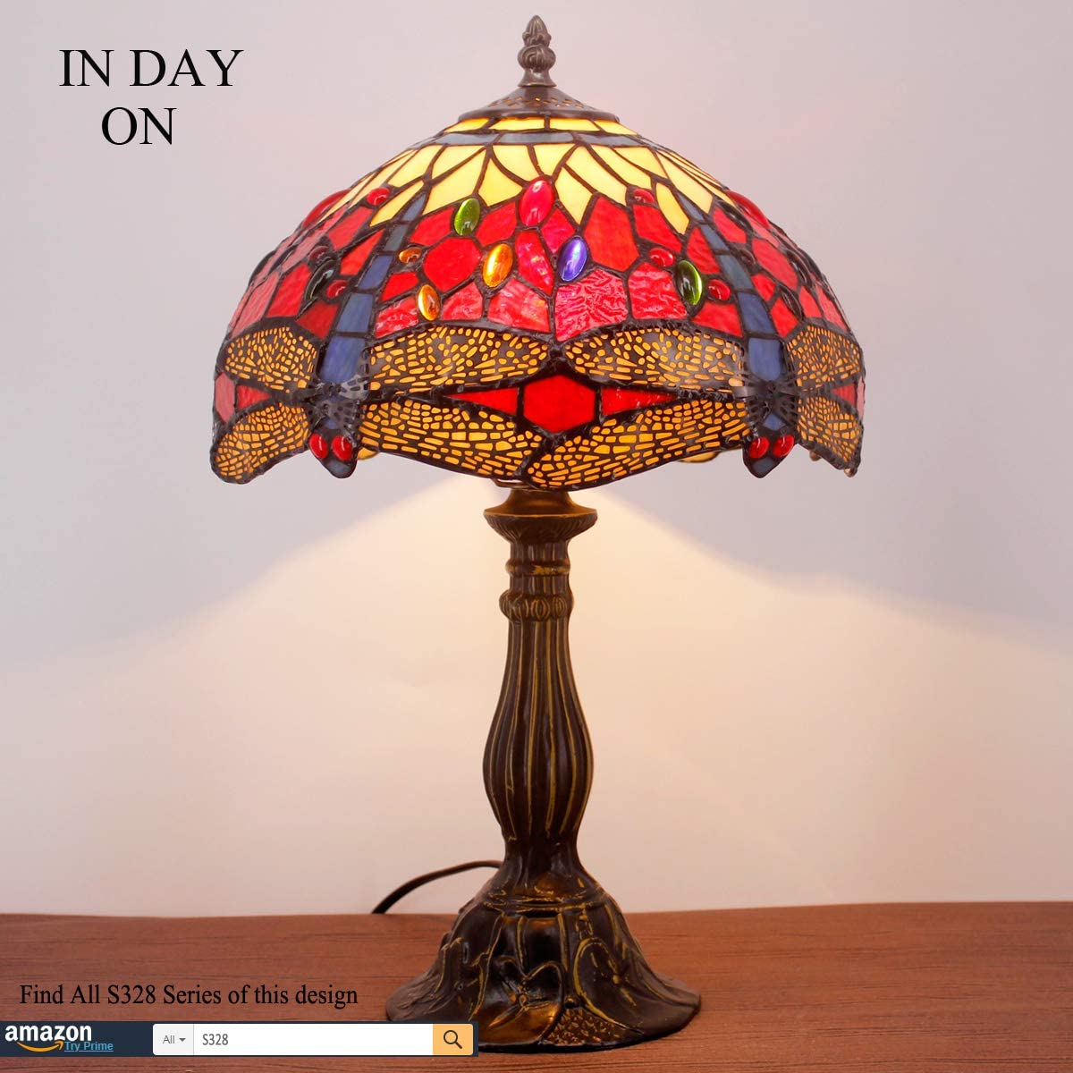 SHADY  Table Lamp Red Yellow Stained Glass Dragonfly Style Bedside Lamp Desk Reading Light 12X12X18 Inches Decor Bedroom Living Room Home Office S328 Series