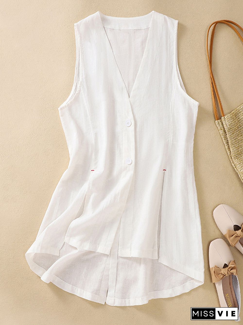 Loose Sleeveless Buttoned Solid Color V-Neck Vest Top