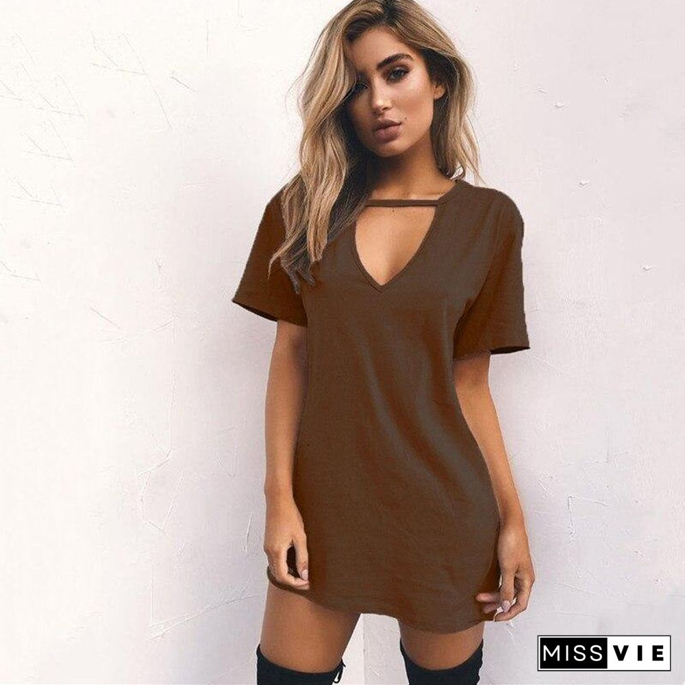 Leosoxs New Summer Fashion Sexy Deep V Neck Solid Women's Mini Dress Casual Short Sleeve Loose Ladies  Home Sleep Dresses