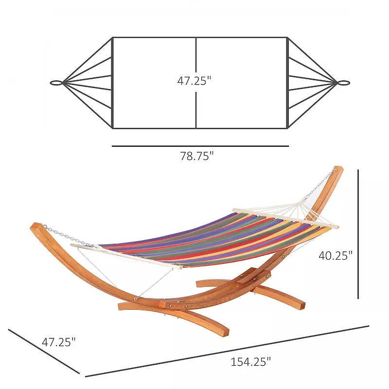 Outsunny Camping Hammock Outdoor Arch Wooden Hammock Bed with Stand w/ Straps and Hooks Multi color Stripe