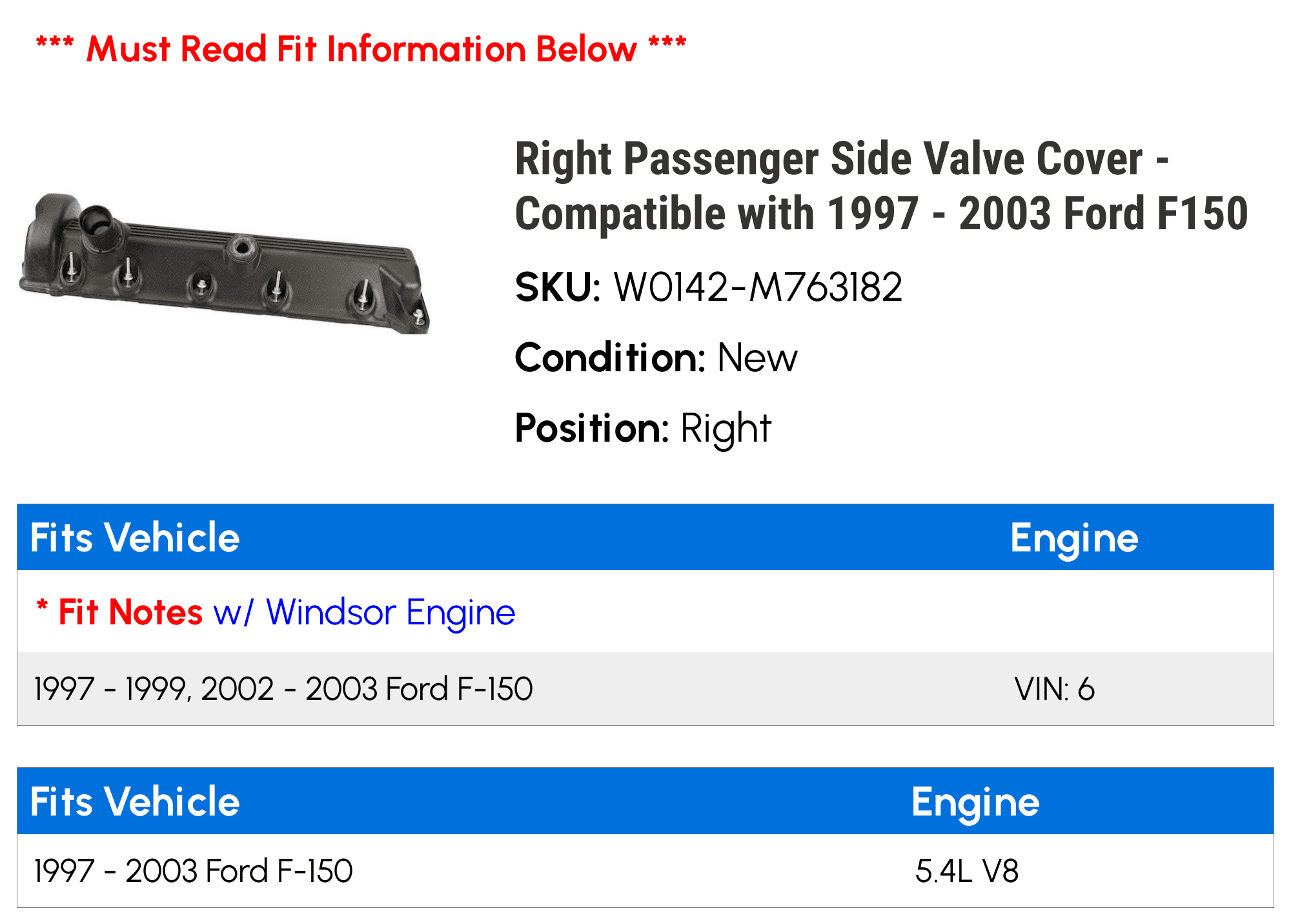 Right Passenger Side Valve Cover - Compatible with 1997 - 2003 Ford F150 1998 1999 2000 2001 2002