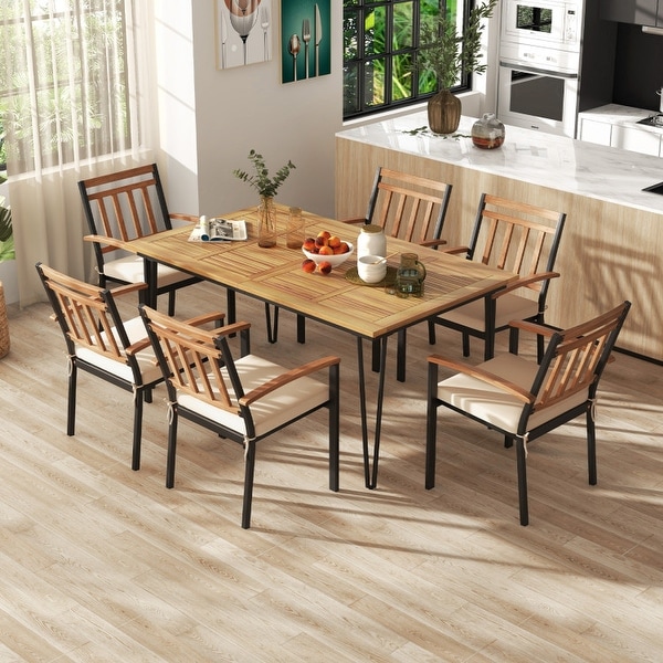 Rectangular Patio Dining Table for 8 with Acacia Wood Tabletop and Umbrella Hole