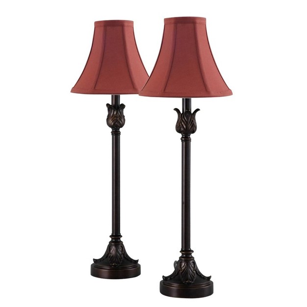 2pk Buffet Table Lamps With Burgundy Fabric Bell Shades Black Cresswell Lighting