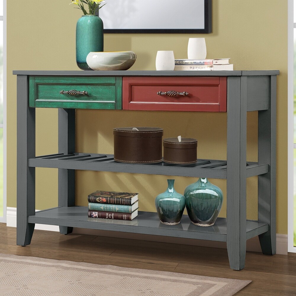 Gray Console Table Entryway Sofa Table with Drawers and Shelves