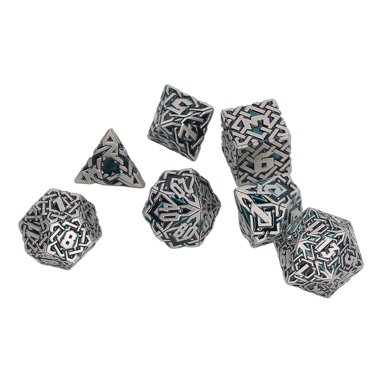 7pcs Metal Engraved Pattern Dice Set Men Women Party Tabletop Funny Polyhedral Dice Props for Card Game Pearl Nickel Green