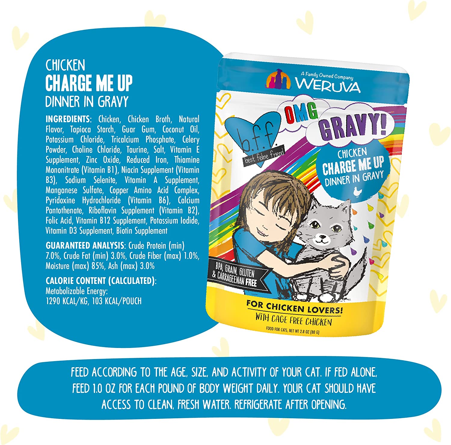 Weruva Wet Cat Food B.F.F. OMG - Best Feline Friend Oh My Gravy!， Chicken Charge Me Up with Chicken in Gravy， 2.8oz Pouch (Pack of 12)