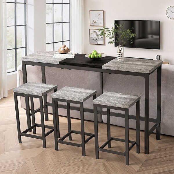 4 Pcs Kitchen Dining Table Set with 1 Table and 3 Stools，Hanging Stool Design，60.24