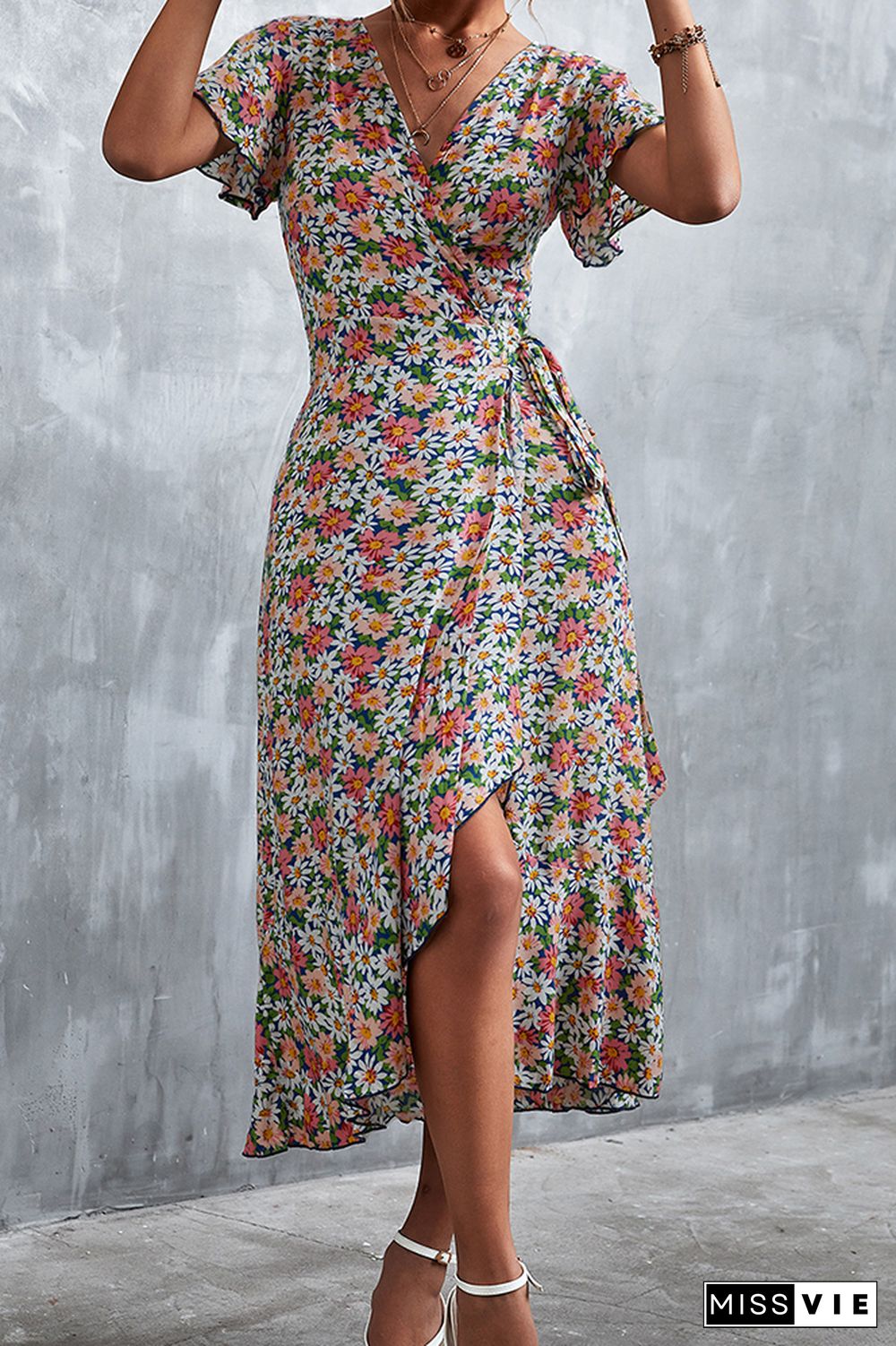 Floral Print V Neck Short Sleeve Dress Wholesale