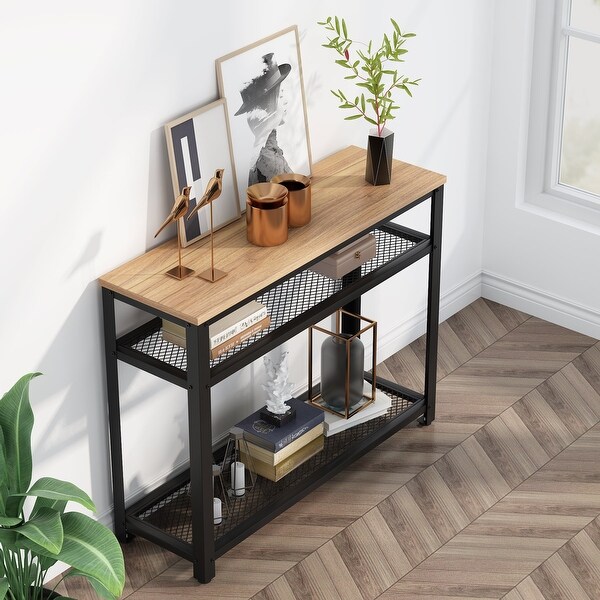 Console Table， Entryway Hallway Table with 2 Mesh Storage Shelves，Sofa Table Behind Couch