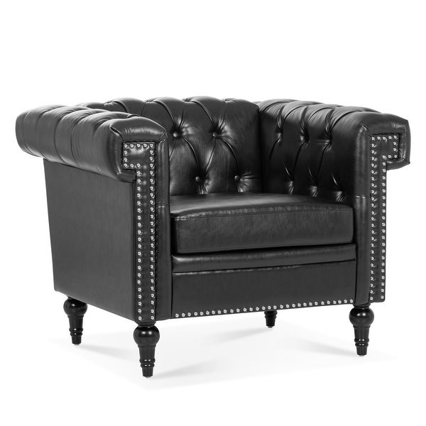 Livingroom Accent Chair， 1 Seater PU Cover Sofa Armchairs Rolled Arms Chairs Lounge Chairs with Nailheads， for Bedroom， Black