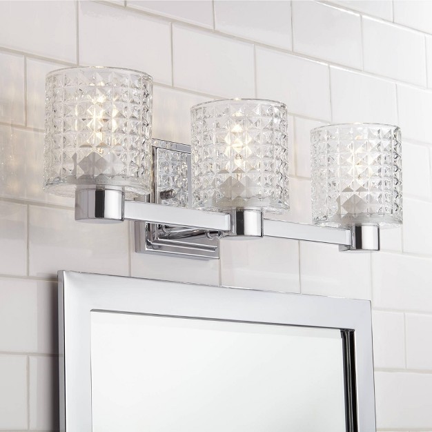 Wide 3 light Fixture Textured Diamond Cut Glass Bathroom Vanity Mirror