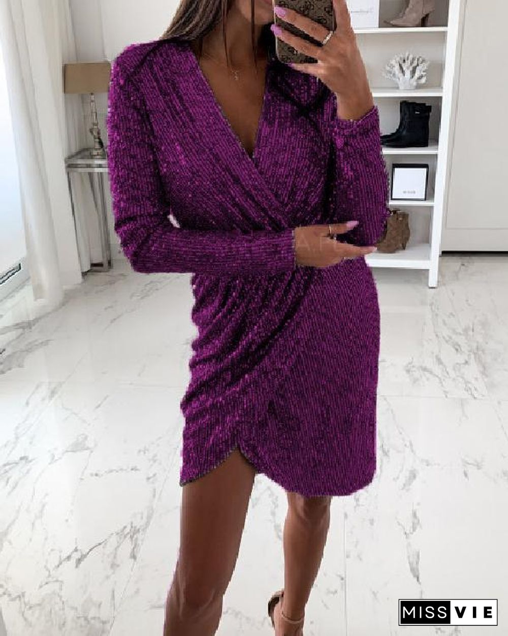 Sexy Sequins V Neck Long Sleeve Slit Dress