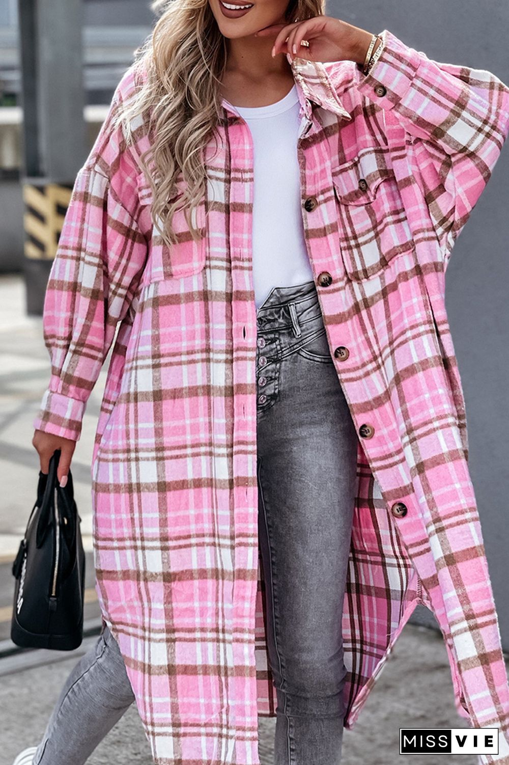 Open Button Pockets Plaid Long Length Jacket