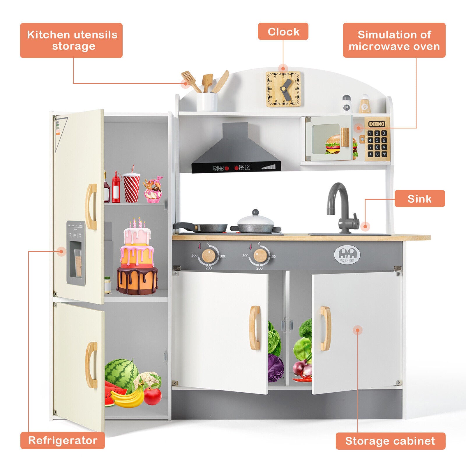 JOYLDIAS Kid Play Kitchen Toddler Toy Set with Ice Cube Dispenser， Refrigerator， Pots and Pan Included， Microwave， Sink