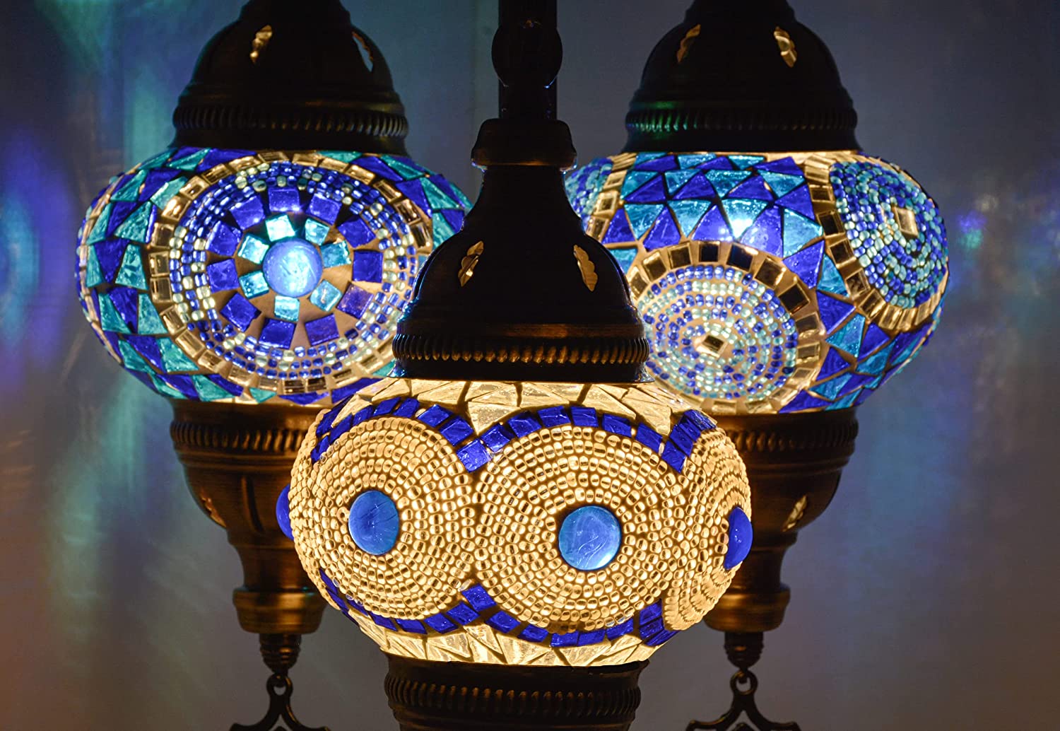 SHADY 3 Light Moroccan Mosaic Table Lamp  Stained Glass Boho Style Turkish Desk Lamp  Farmhouse Antique Living Room  Office Decorative Vintage Lighting with US Plug &amp; E12 Socket (Blue