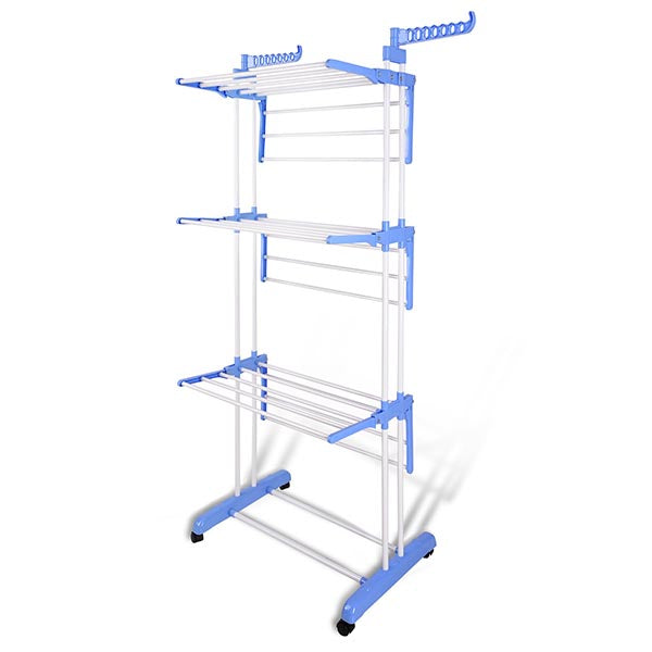 Aquaterior Laundry Folding Clothes Dryer Rack 3 Tiers w/ Casters White