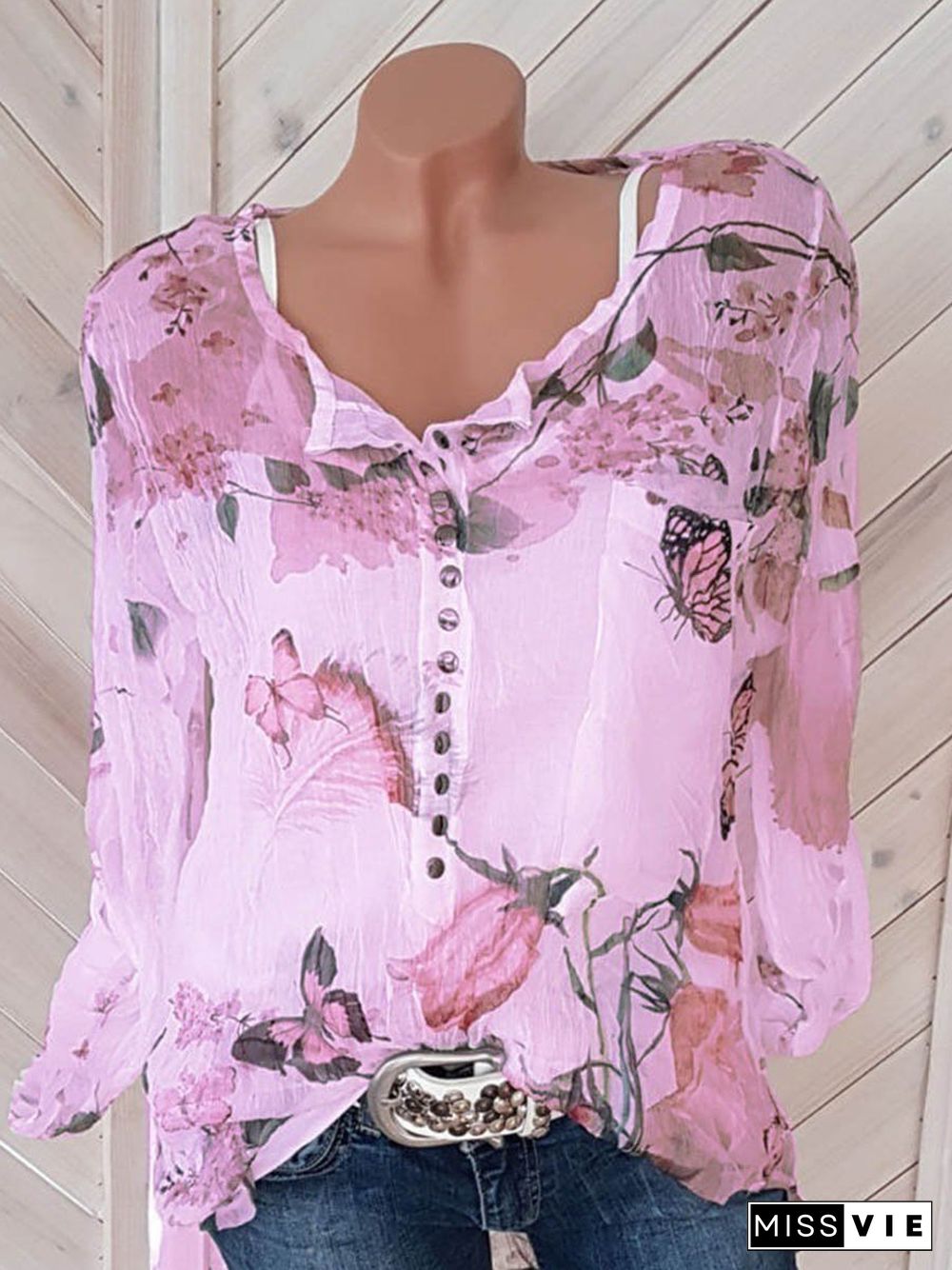 Floral Breeze V-Neck Buttons Long Sleeves Shirt Top