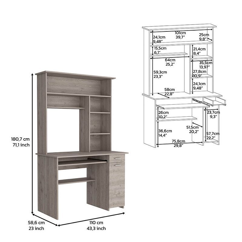 DEPOT E-SHOP Xalo 180 Compu Hutch Desk， Keyboard Tray， Door Panel For CPU，Light Gray