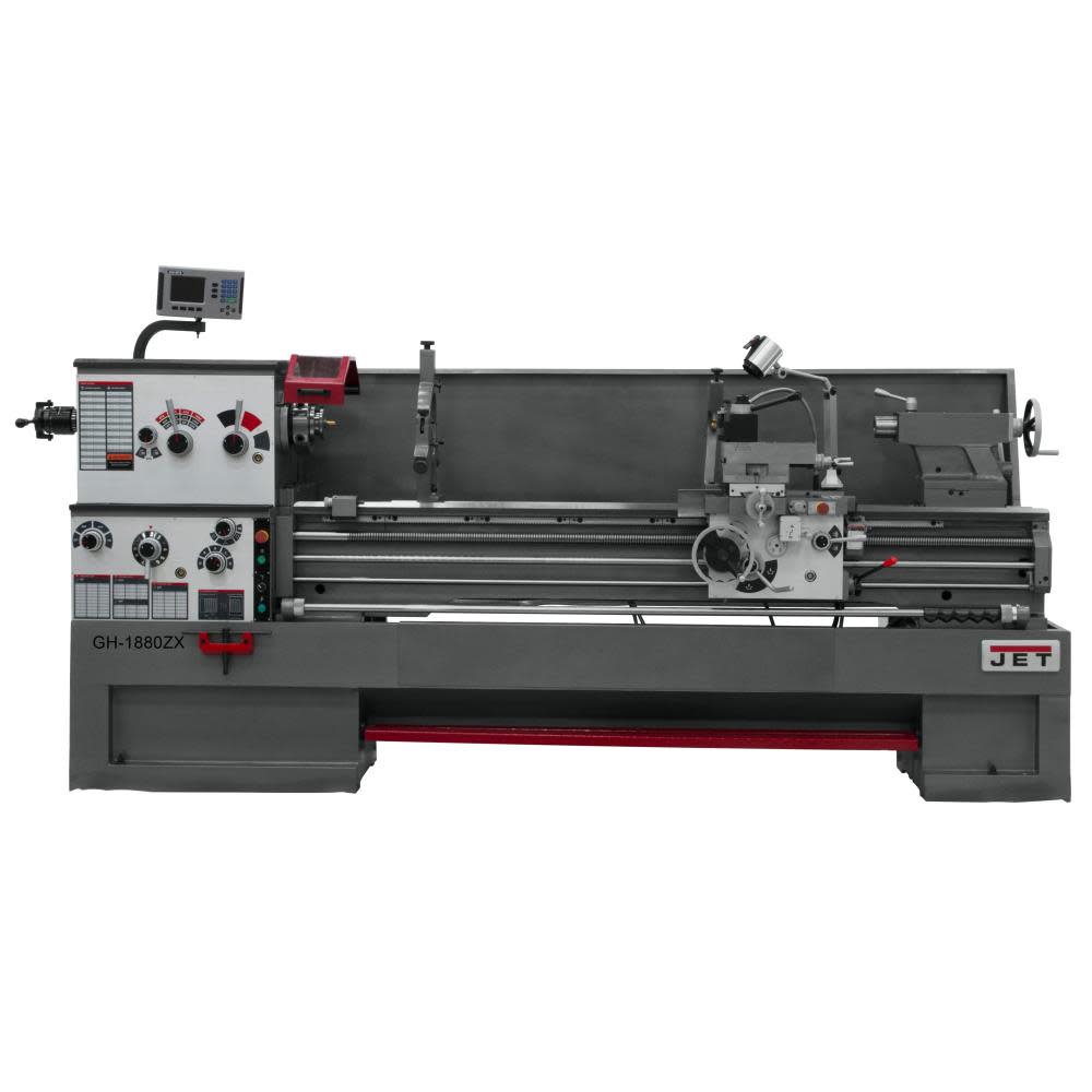 JET Gear Head 18 x 80 ZX Lathe with 2-Axis ACU-RITE DRO 203 Collet Closer and Taper Attachment Installed 321493 from JET