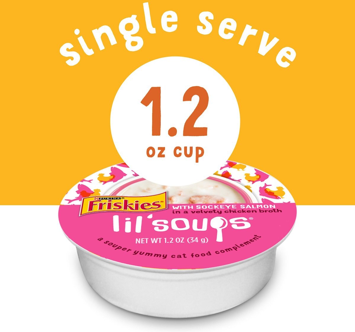 Friskies Lil' Soups Salmon， Tuna， and Shrimp Variety Pack Grain-Free Bits in Broth Wet Cat Food Topper， 1.2-oz， case of 30