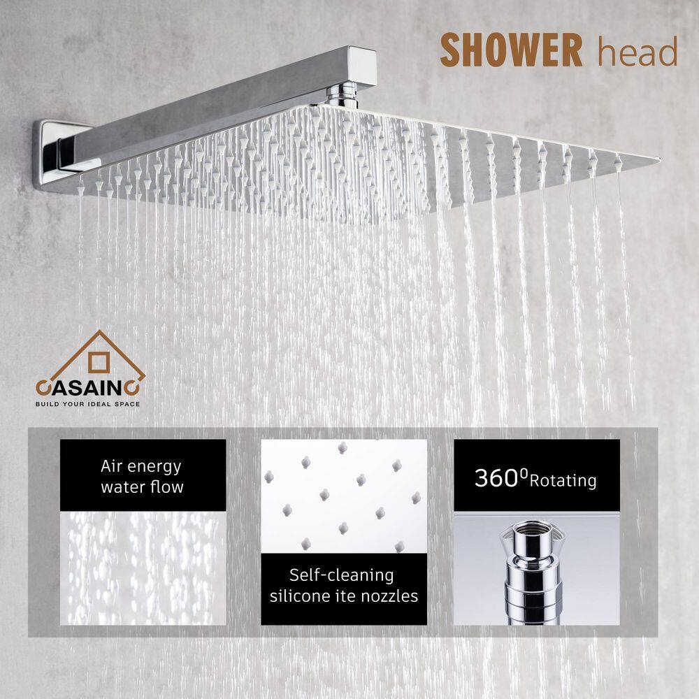 CASAINC 3-Spray Patterns with 2.5 GPM 12 in. 2 Functions Wall Mount Handheld Shower Head in Chrome (Value Included) W98102CP-12